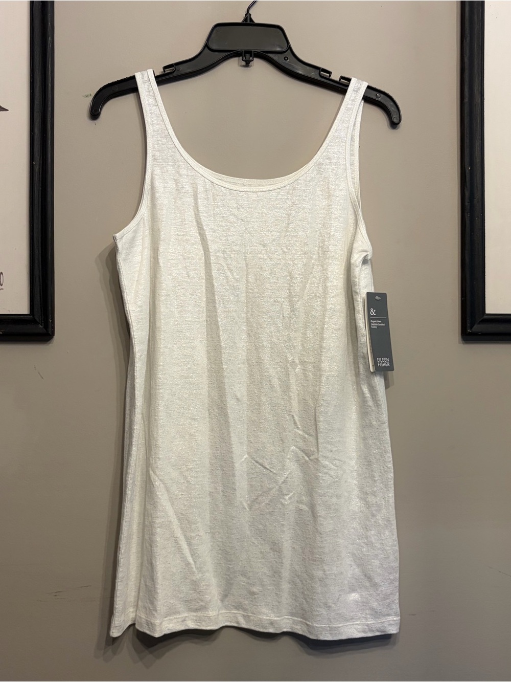NWT Eileen Fisher Shimmer Metallic Silver Organic Linen Jersey Long Tank Size M